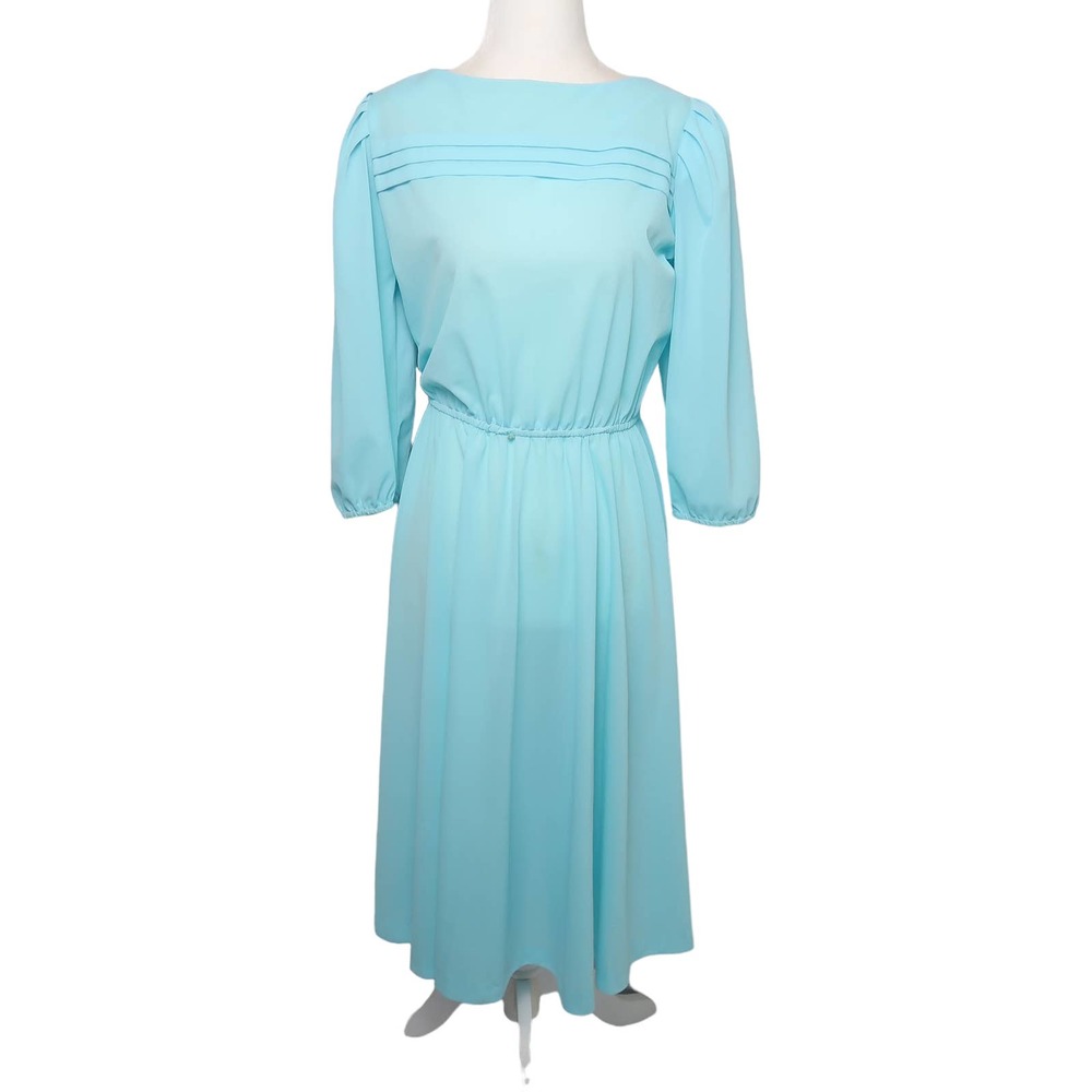 Vintage 70s Lady Carol light turquoise blue blouson midi dress 12